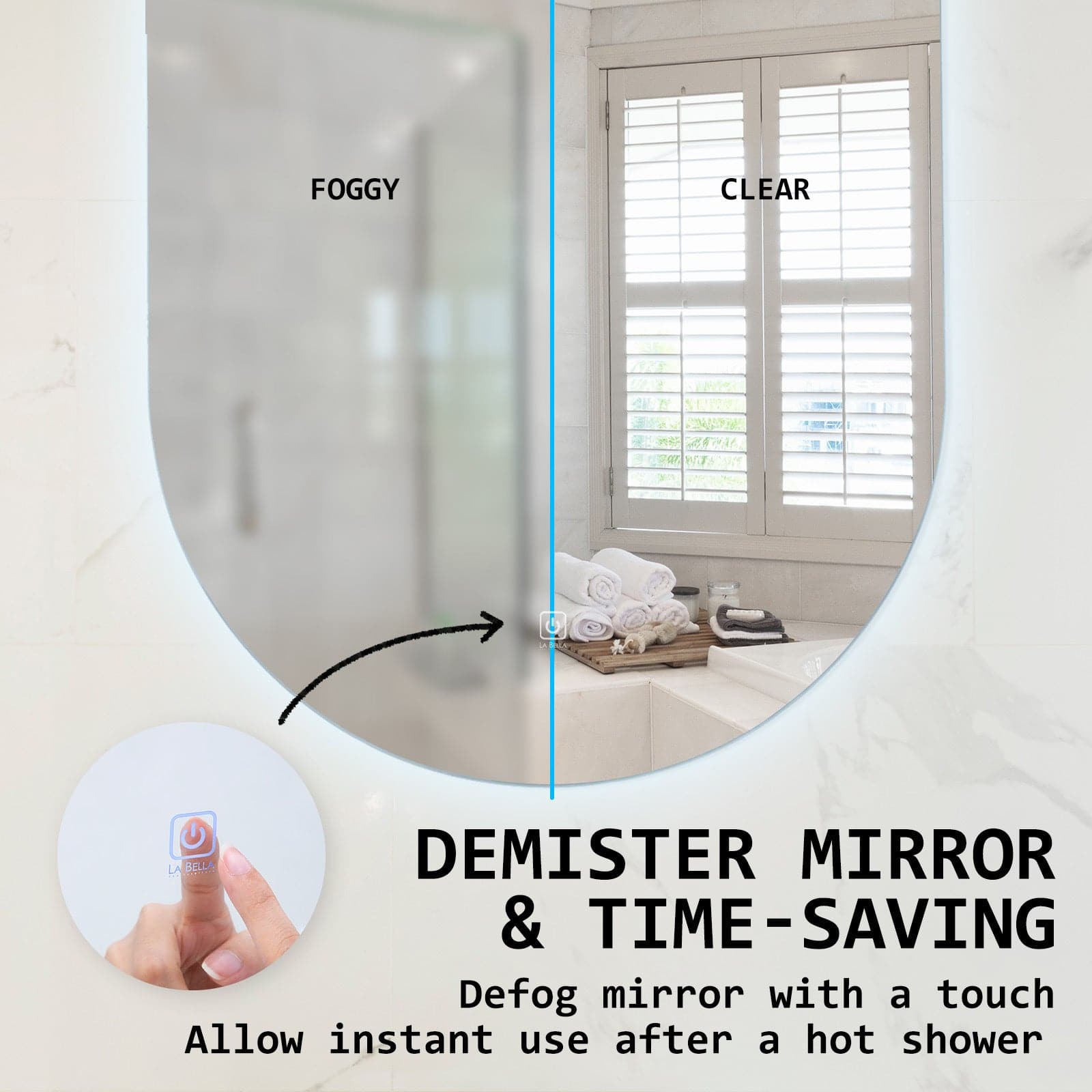 La Bella LED Wall Mirror Oval Touch Anti-Fog Makeup Decor Bathroom Vanity 50 x 75cm-Health &amp; Beauty &gt; Makeup Mirrors-PEROZ Accessories