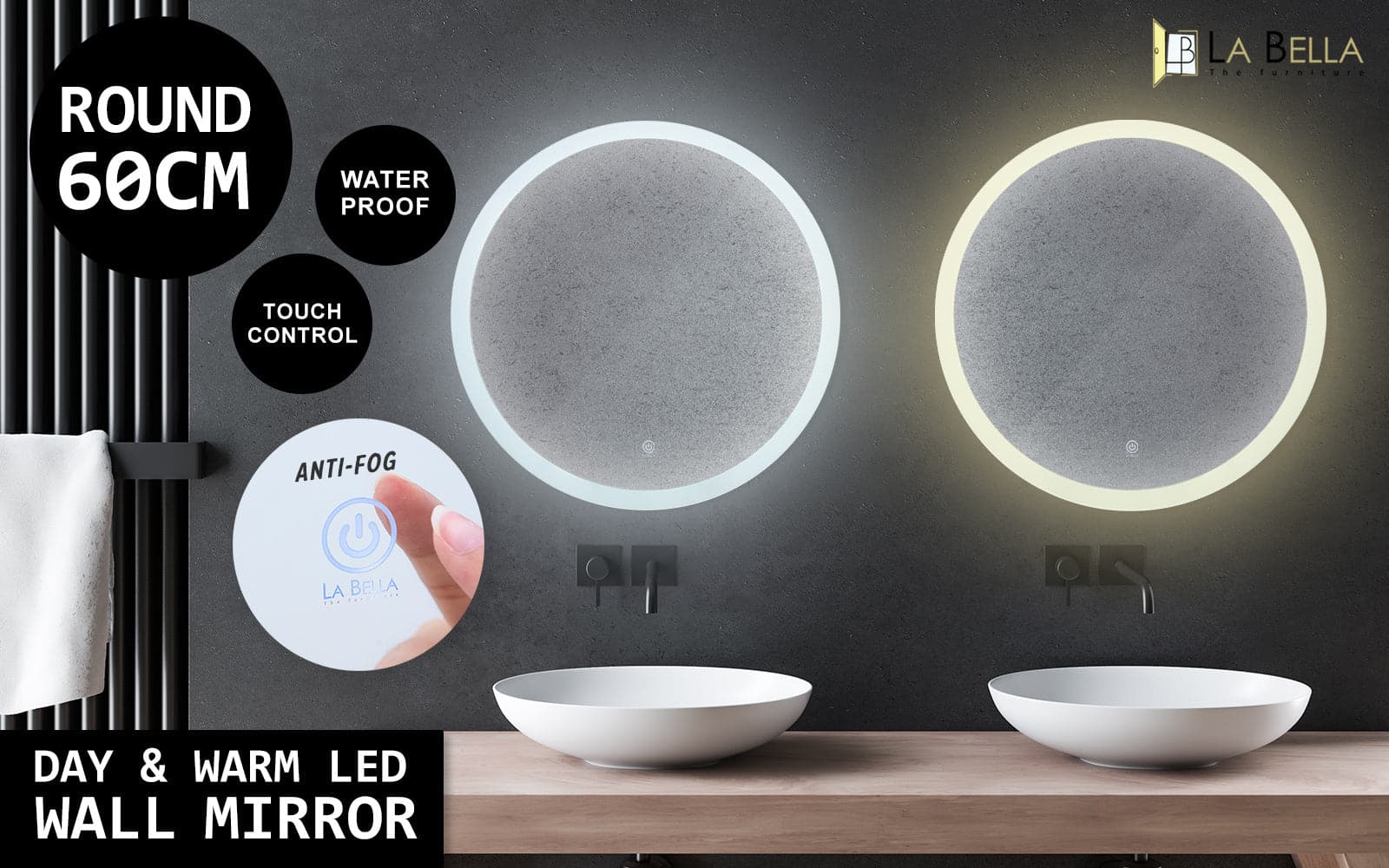 La Bella LED Wall Mirror Round Touch Anti-Fog Makeup Decor Bathroom Vanity 60cm-Health &amp; Beauty &gt; Makeup Mirrors-PEROZ Accessories