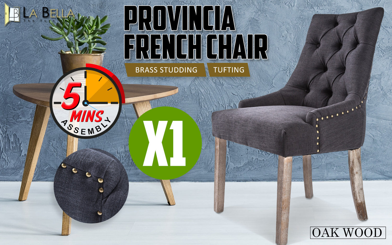 La Bella Black (Charcoal) French Provincial Dining Chair Amour Oak Leg-Furniture &gt; Bar Stools &amp; Chairs-PEROZ Accessories