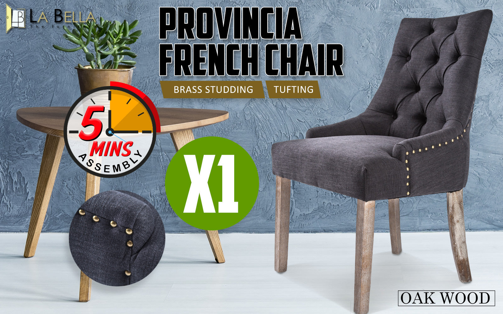 La Bella Black (Charcoal) French Provincial Dining Chair Amour Oak Leg-Furniture &gt; Bar Stools &amp; Chairs-PEROZ Accessories
