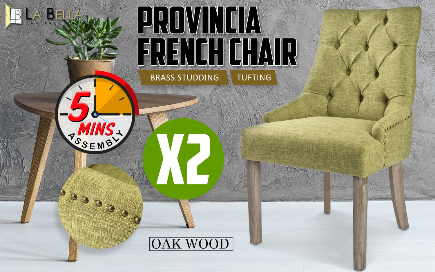 La Bella 2 Set Green French Provincial Dining Chair Amour Oak Leg-Furniture &gt; Bar Stools &amp; Chairs-PEROZ Accessories