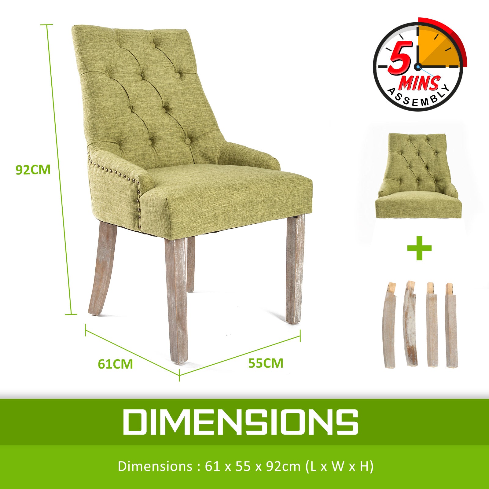 La Bella 2 Set Green French Provincial Dining Chair Amour Oak Leg-Furniture &gt; Bar Stools &amp; Chairs-PEROZ Accessories
