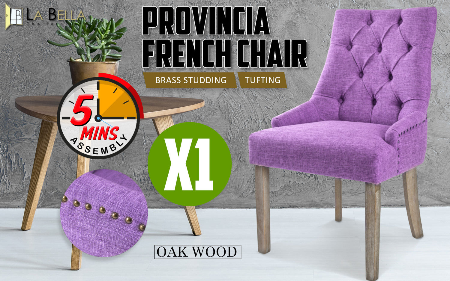 La Bella Violet French Provincial Dining Chair Amour Oak Leg-Furniture &gt; Bar Stools &amp; Chairs-PEROZ Accessories