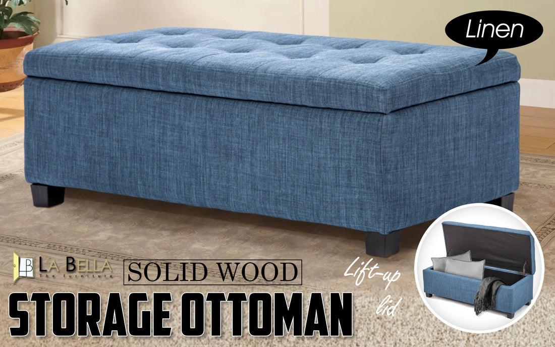 La Bella 102cm Dark Blue Storage Ottoman Stool Fabric-Ottomans-PEROZ Accessories