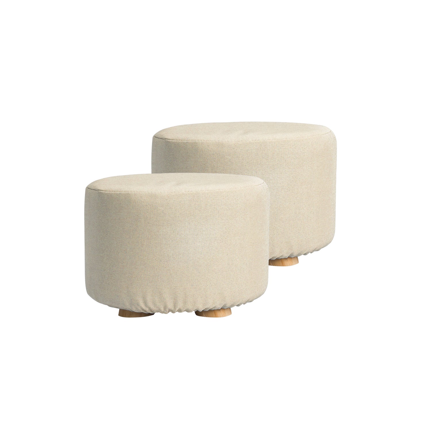 La Bella 2 Set Beige Fabric Ottoman Round Wooden Leg Foot Stool-Ottomans-PEROZ Accessories