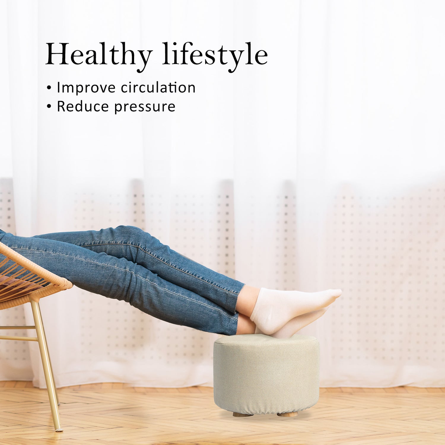 La Bella 2 Set Beige Fabric Ottoman Round Wooden Leg Foot Stool-Ottomans-PEROZ Accessories