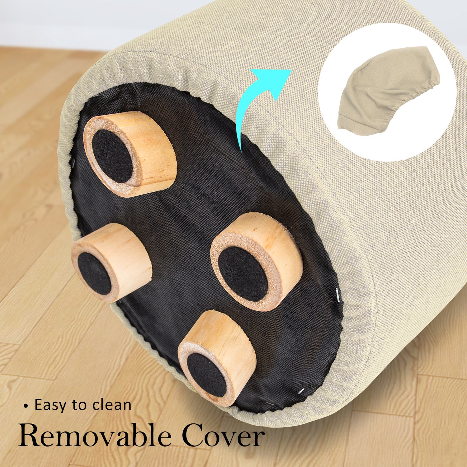 La Bella 2 Set Beige Fabric Ottoman Round Wooden Leg Foot Stool-Ottomans-PEROZ Accessories