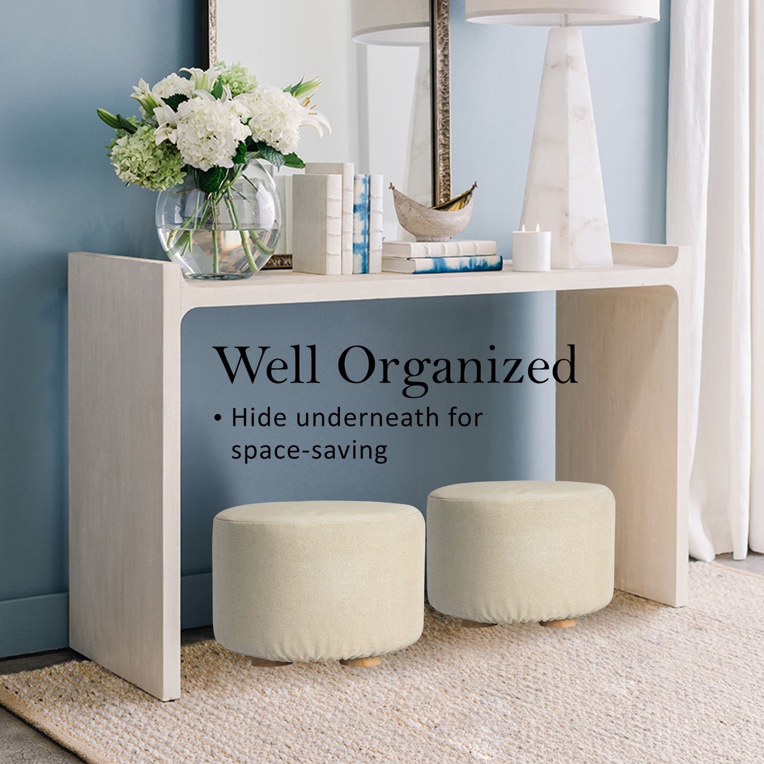 La Bella 2 Set Beige Fabric Ottoman Round Wooden Leg Foot Stool-Ottomans-PEROZ Accessories