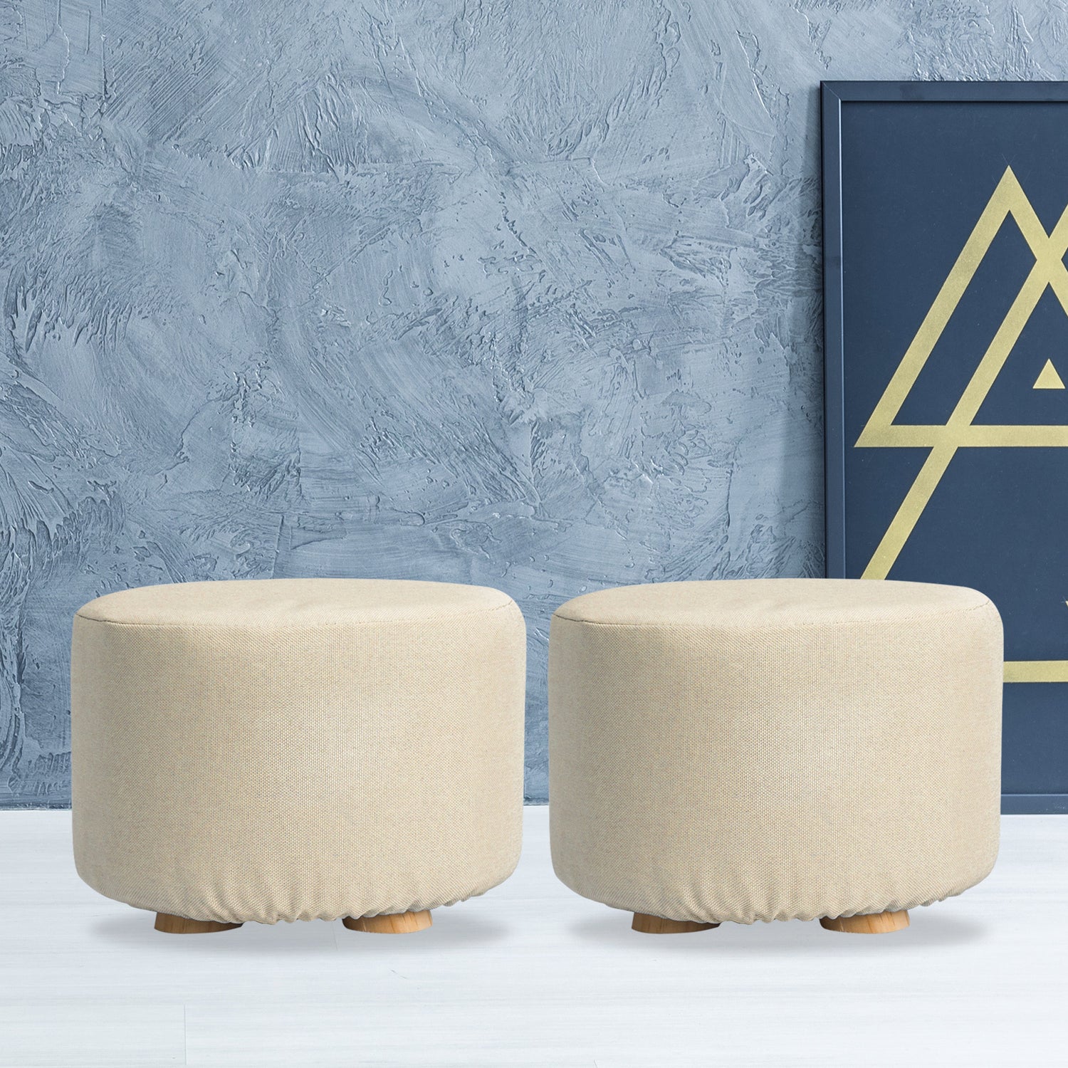 La Bella 2 Set Beige Fabric Ottoman Round Wooden Leg Foot Stool-Ottomans-PEROZ Accessories