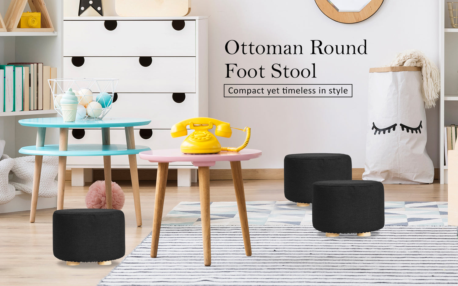 La Bella 2 Set Black Fabric Ottoman Round Wooden Leg Foot Stool-Ottomans-PEROZ Accessories