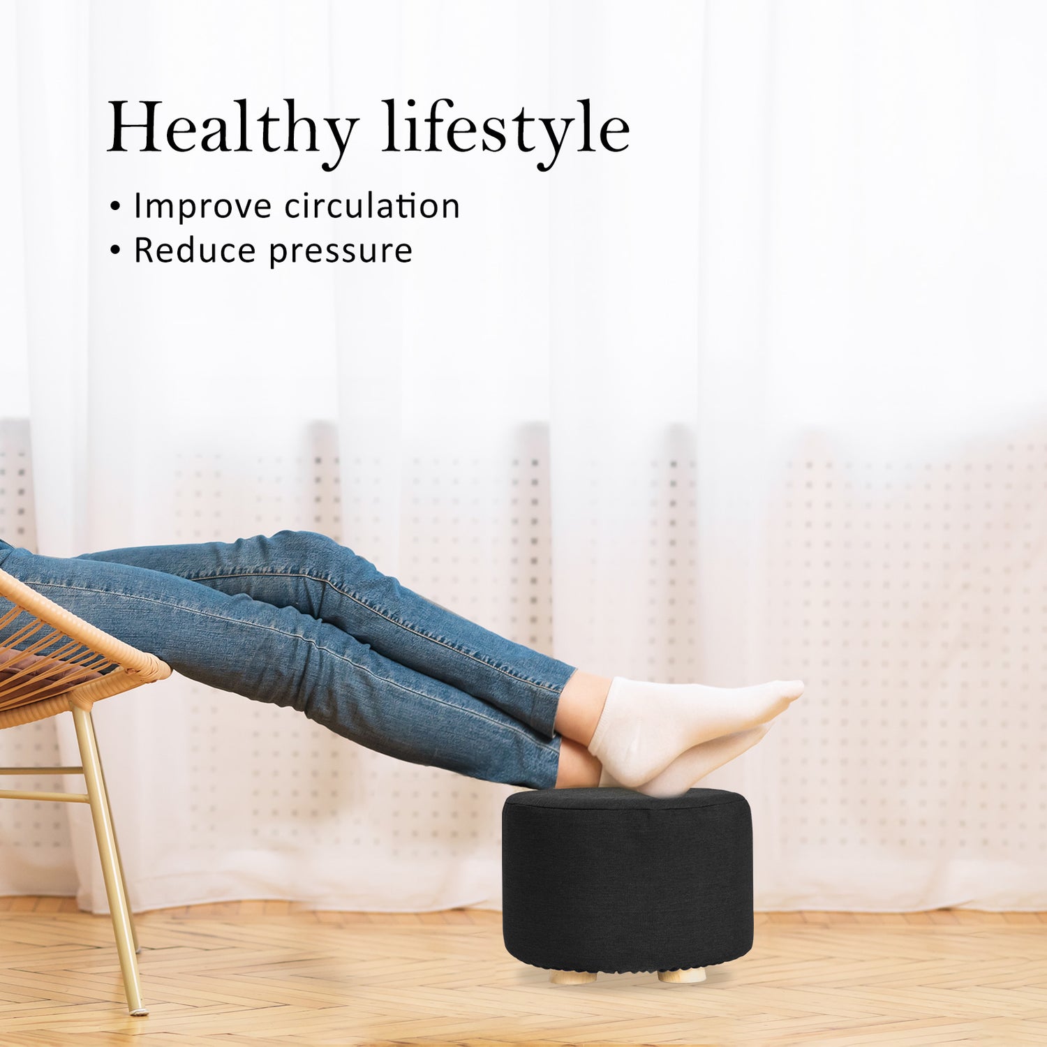 La Bella 2 Set Black Fabric Ottoman Round Wooden Leg Foot Stool-Ottomans-PEROZ Accessories