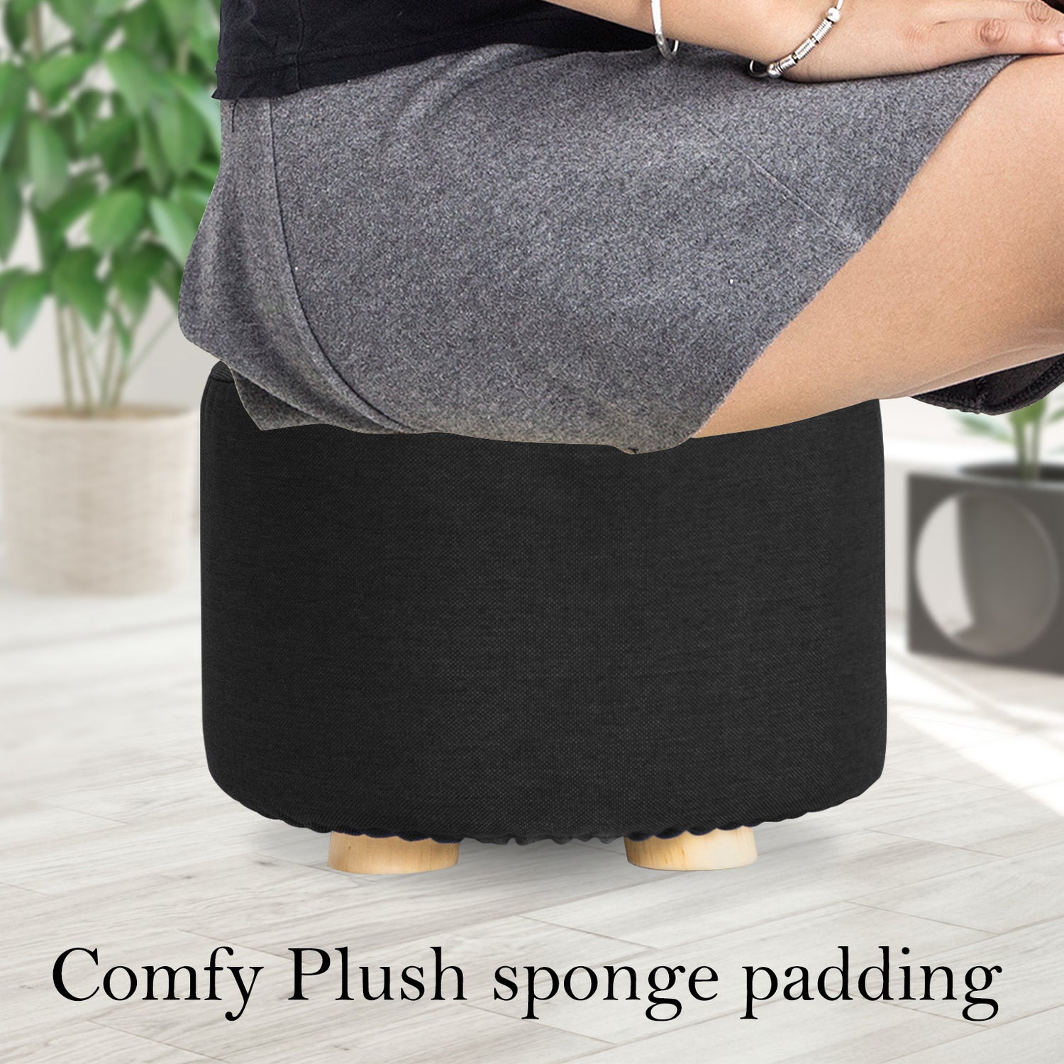 La Bella 2 Set Black Fabric Ottoman Round Wooden Leg Foot Stool-Ottomans-PEROZ Accessories