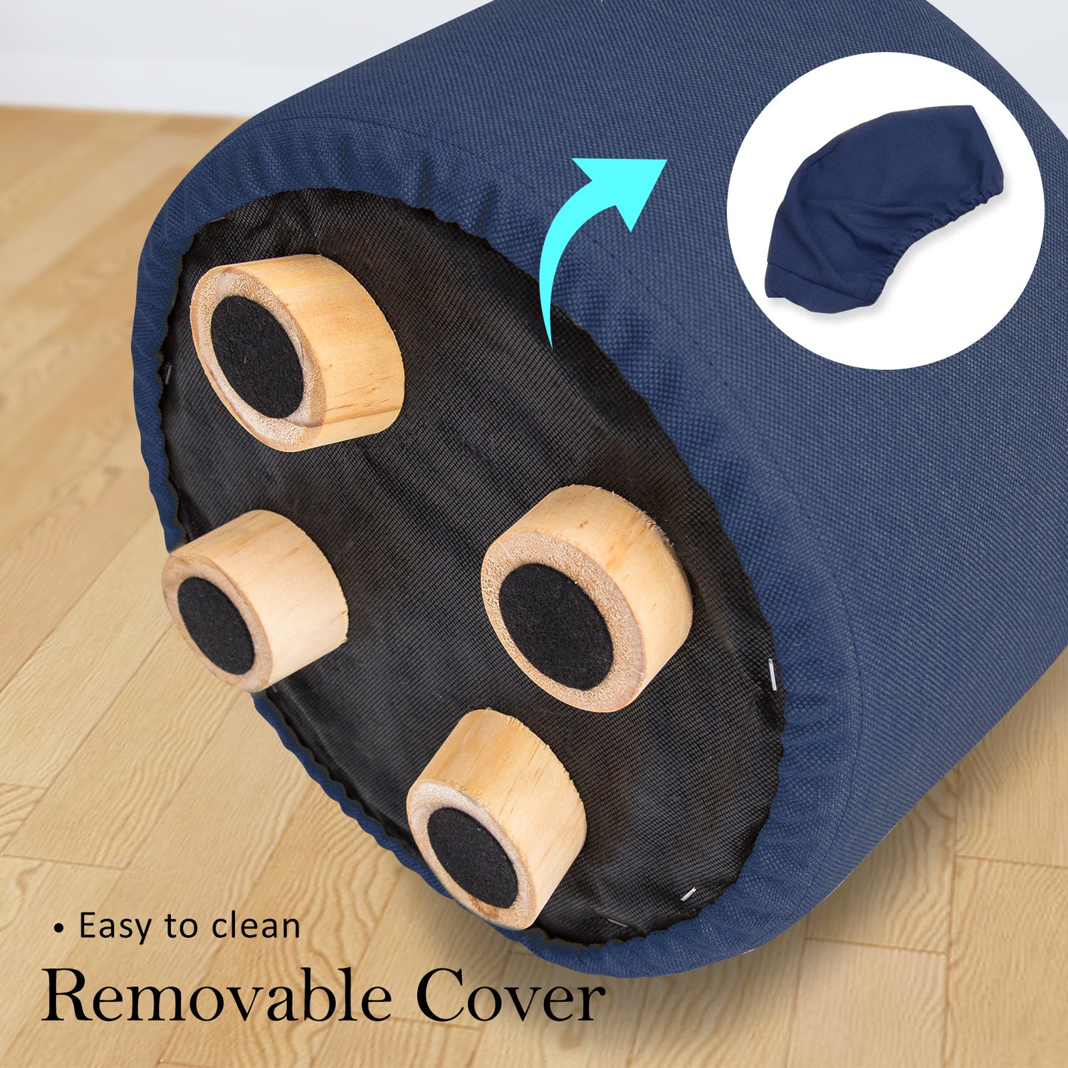 La Bella Dark Blue Fabric Ottoman Round Wooden Leg Foot Stool-Ottomans-PEROZ Accessories