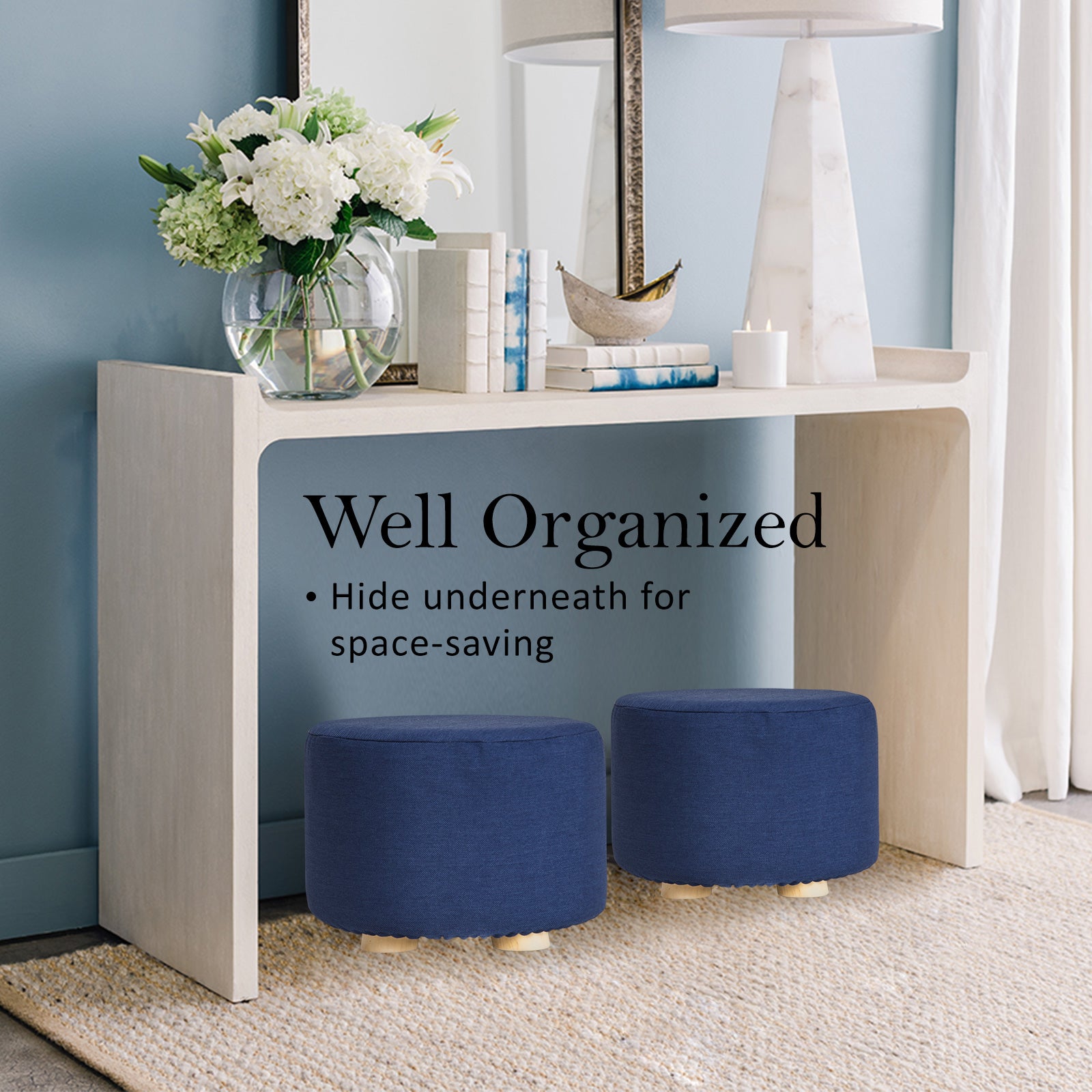 La Bella Dark Blue Fabric Ottoman Round Wooden Leg Foot Stool-Ottomans-PEROZ Accessories