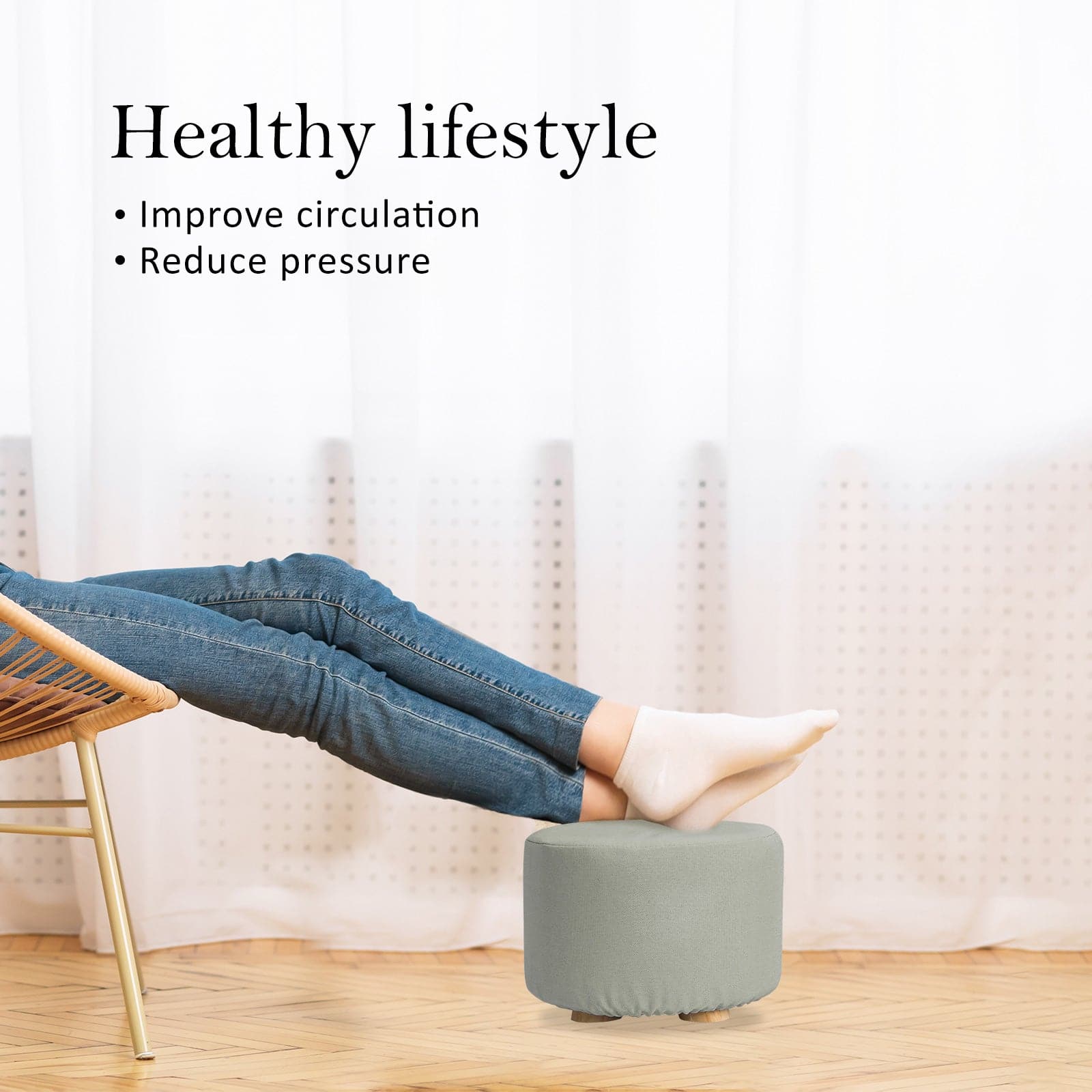 La Bella 2 Set Grey Fabric Ottoman Round Wooden Leg Foot Stool-Ottomans-PEROZ Accessories