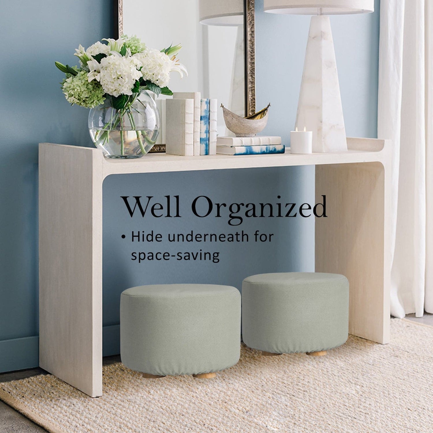 La Bella 2 Set Grey Fabric Ottoman Round Wooden Leg Foot Stool-Ottomans-PEROZ Accessories
