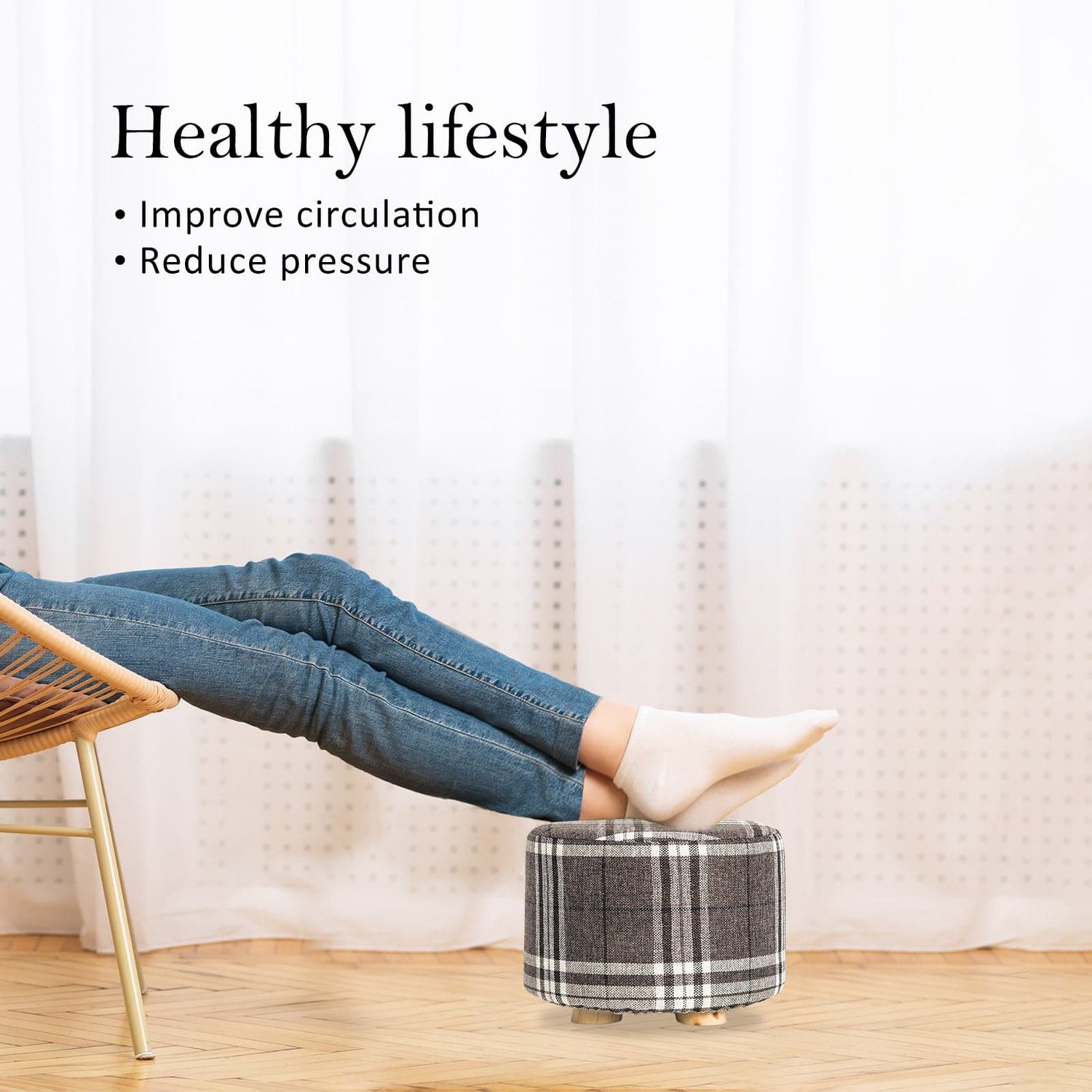 La Bella 2 Set Lattice Fabric Ottoman Round Wooden Leg Foot Stool-Ottomans-PEROZ Accessories
