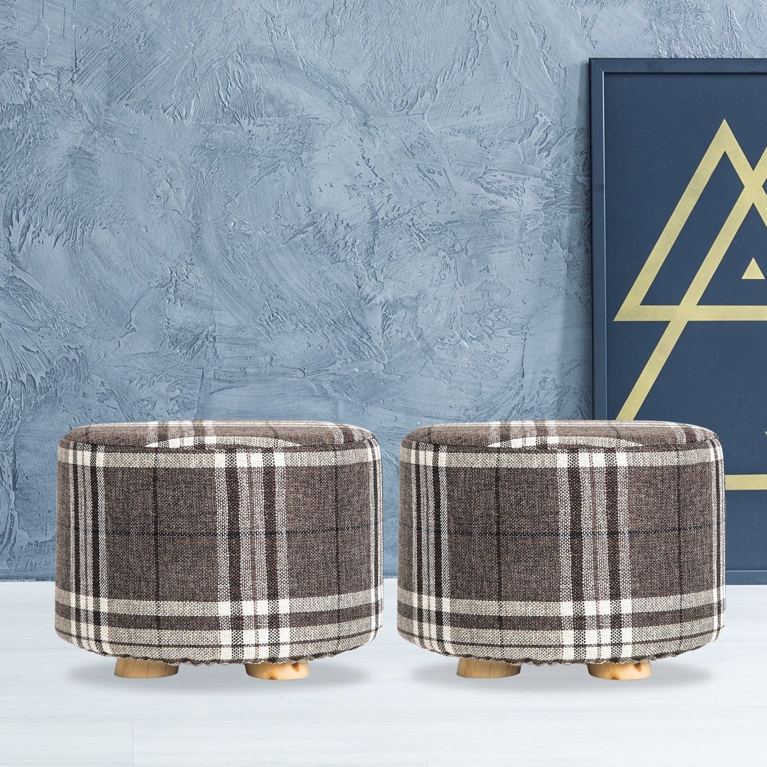La Bella 2 Set Lattice Fabric Ottoman Round Wooden Leg Foot Stool-Ottomans-PEROZ Accessories
