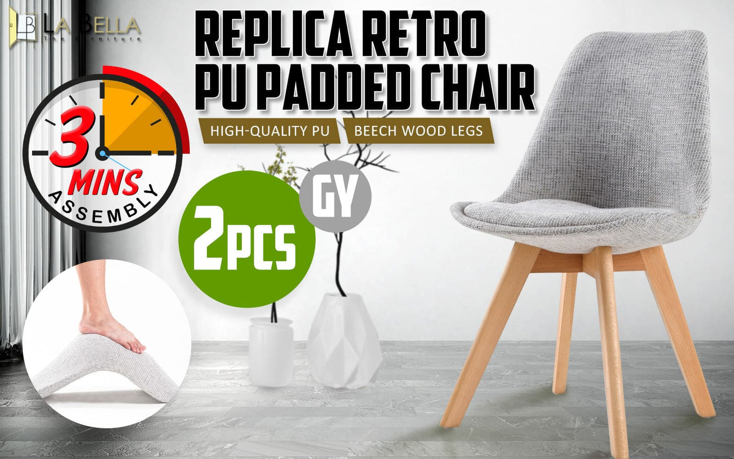 La Bella 2 Set Grey Retro Dining Cafe Chair Padded Seat-Furniture &gt; Bar Stools &amp; Chairs-PEROZ Accessories