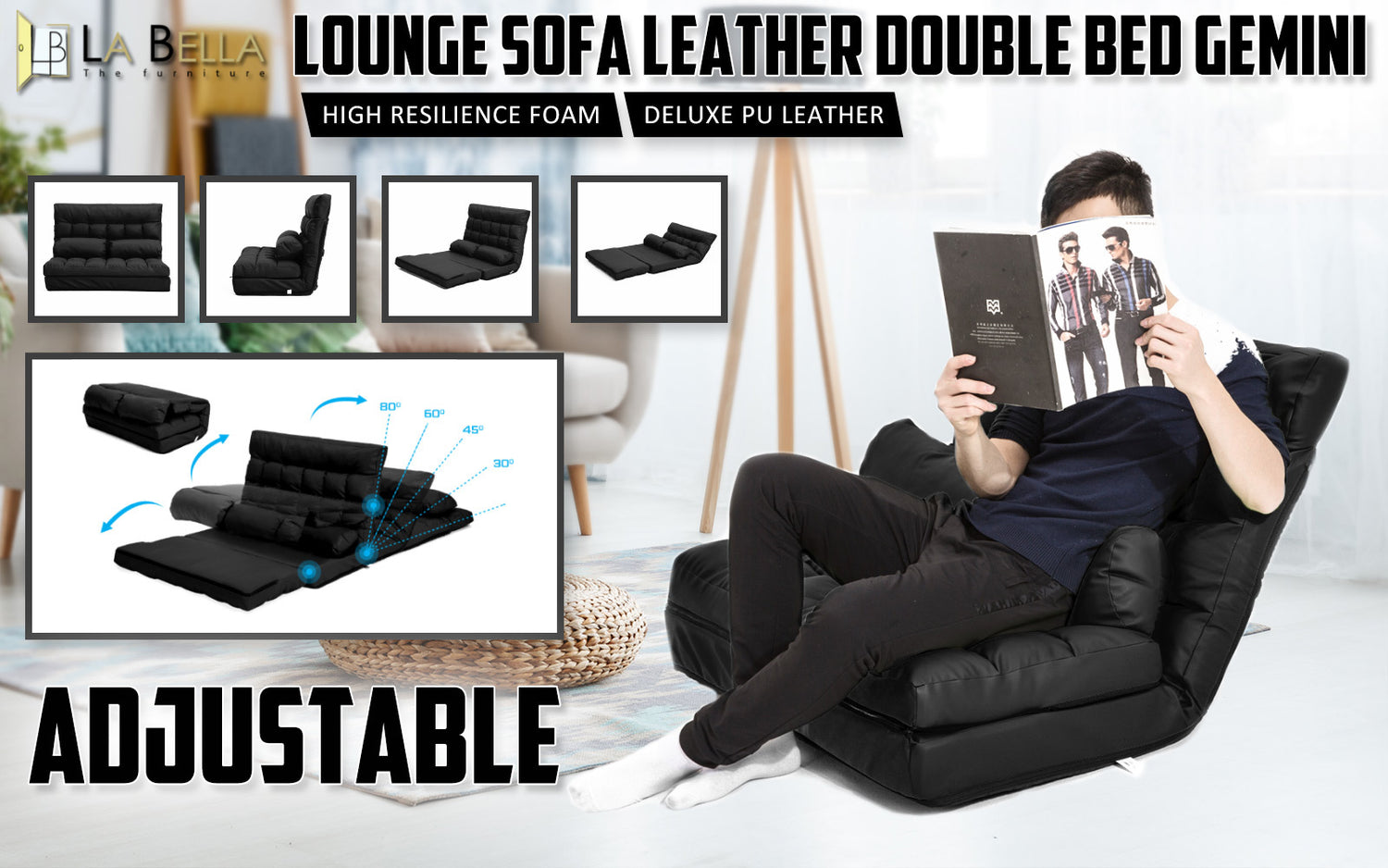 La Bella Double Seat Couch Bed Black Sofa Gemini Leather-Furniture &gt; Sofas-PEROZ Accessories