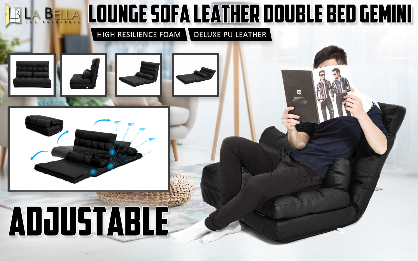 La Bella Double Seat Couch Bed Black Sofa Gemini Leather-Furniture &gt; Sofas-PEROZ Accessories
