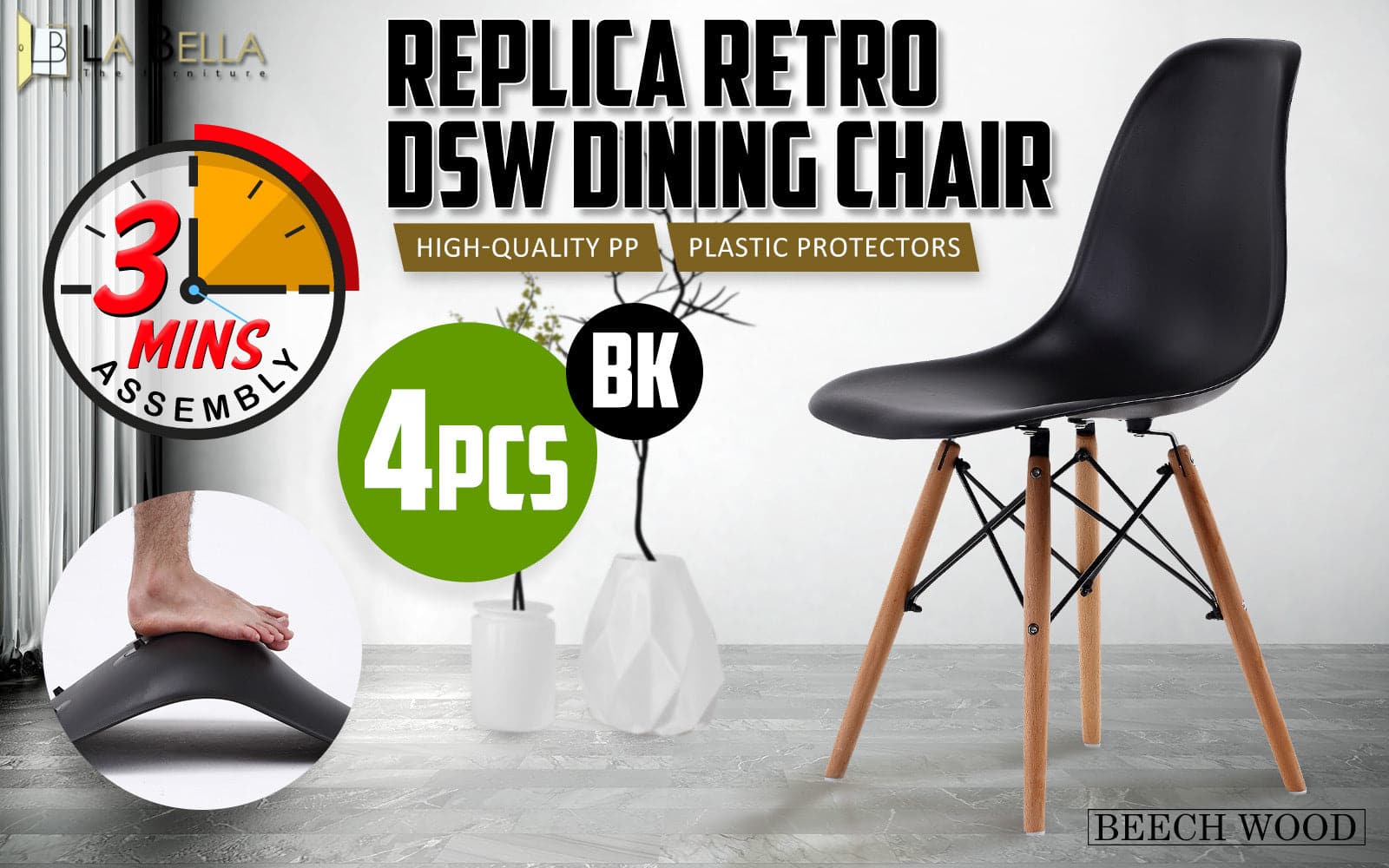 La Bella 4 Set Black Retro Dining Cafe Chair DSW PP-Furniture &gt; Bar Stools &amp; Chairs-PEROZ Accessories