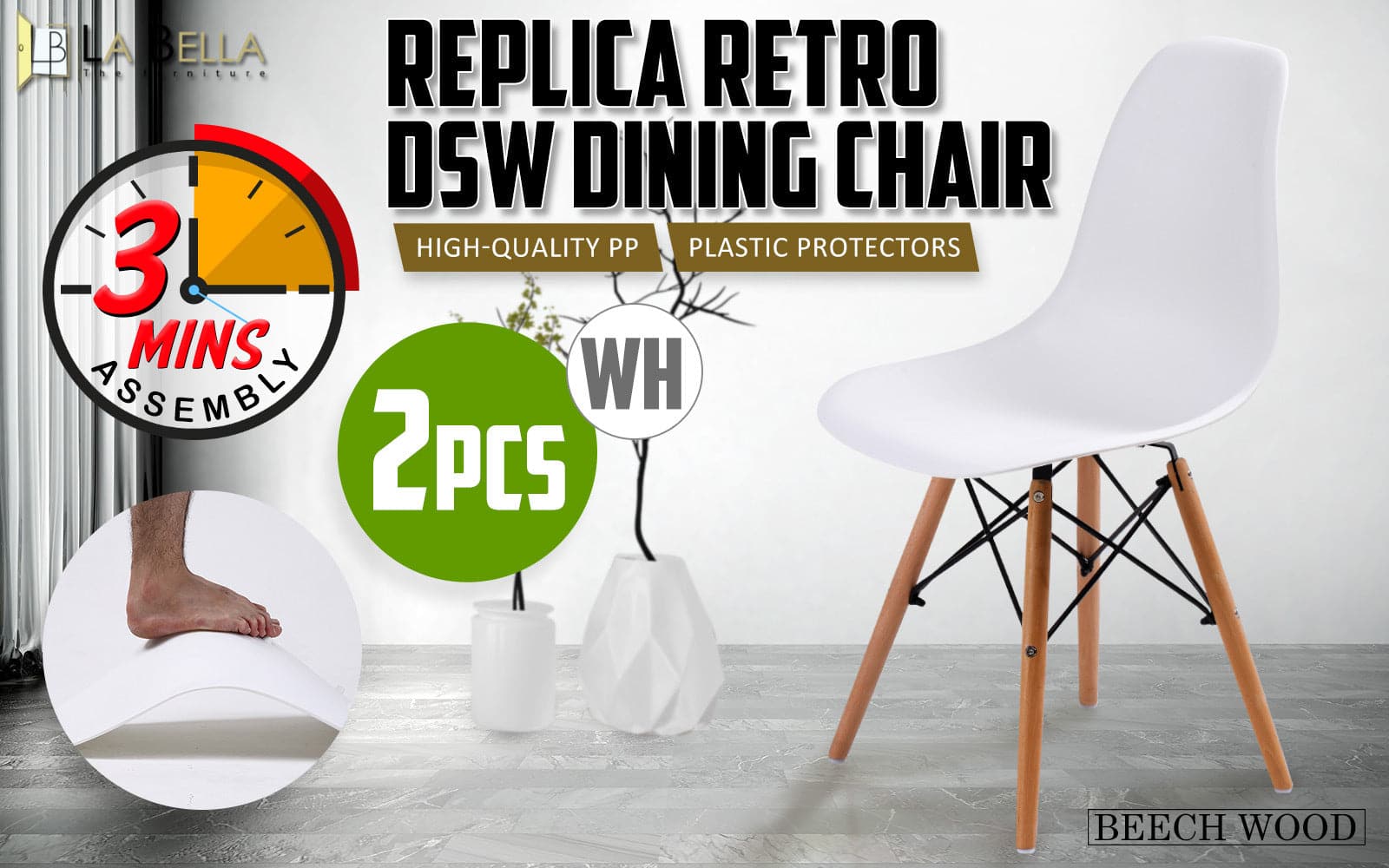La Bella 2 Set White Retro Dining Cafe Chair DSW PP-Furniture &gt; Bar Stools &amp; Chairs-PEROZ Accessories