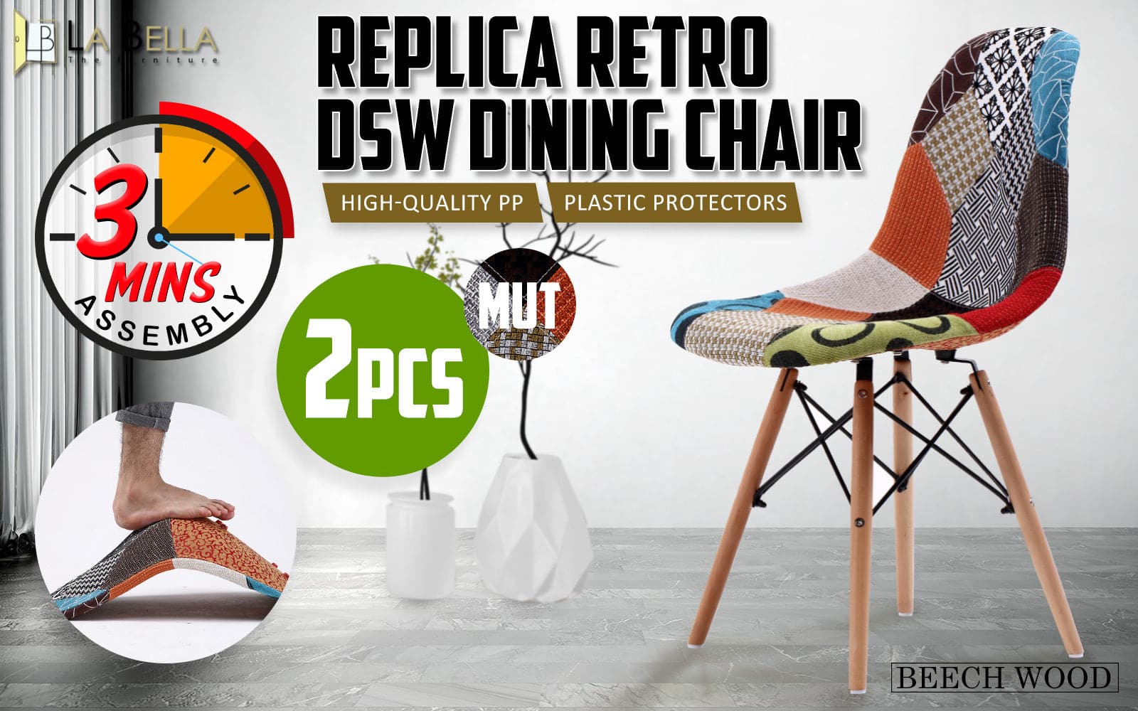 La Bella 2 Set Multi Colour Retro Dining Cafe Chair DSW Fabric-Furniture &gt; Bar Stools &amp; Chairs-PEROZ Accessories