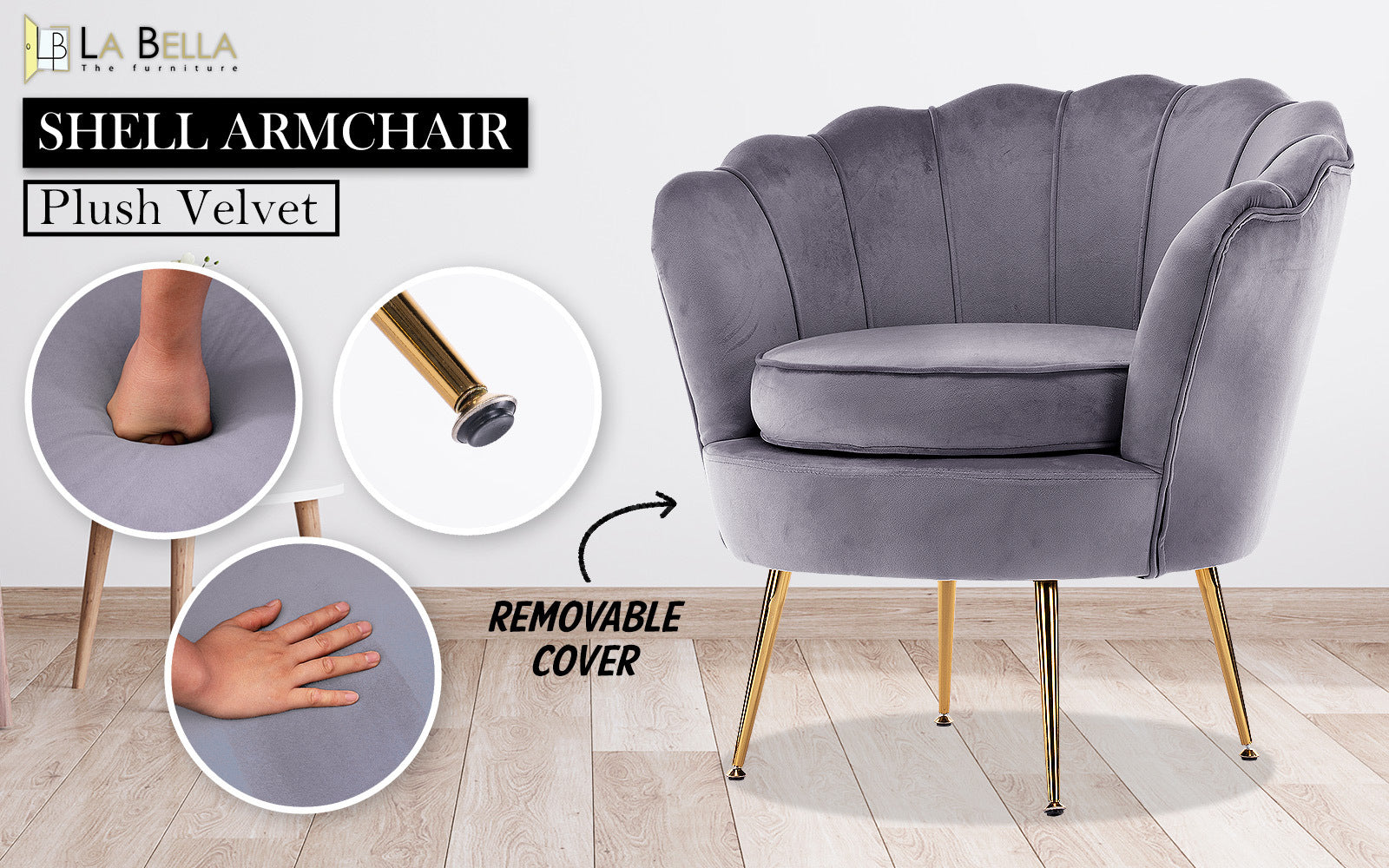 La Bella Shell Scallop Grey Armchair Lounge Chair Accent Velvet-Furniture &gt; Bar Stools &amp; Chairs-PEROZ Accessories