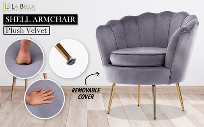 La Bella Shell Scallop Grey Armchair Lounge Chair Accent Velvet-Furniture &gt; Bar Stools &amp; Chairs-PEROZ Accessories