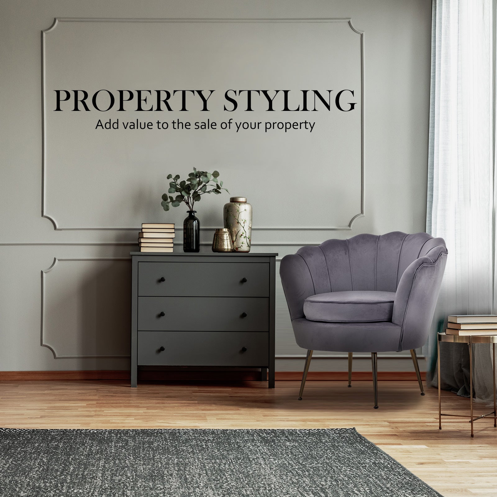 La Bella Shell Scallop Grey Armchair Lounge Chair Accent Velvet-Furniture &gt; Bar Stools &amp; Chairs-PEROZ Accessories