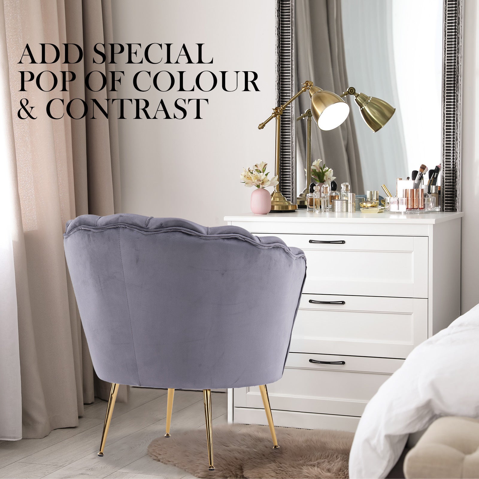 La Bella Shell Scallop Grey Armchair Lounge Chair Accent Velvet-Furniture &gt; Bar Stools &amp; Chairs-PEROZ Accessories