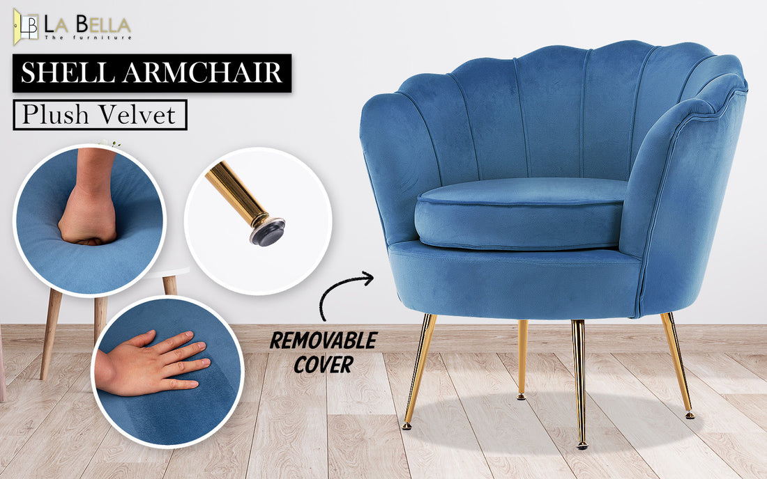 La Bella Shell Scallop Navy Blue Armchair Lounge Chair Accent Velvet-Furniture &gt; Bar Stools &amp; Chairs-PEROZ Accessories