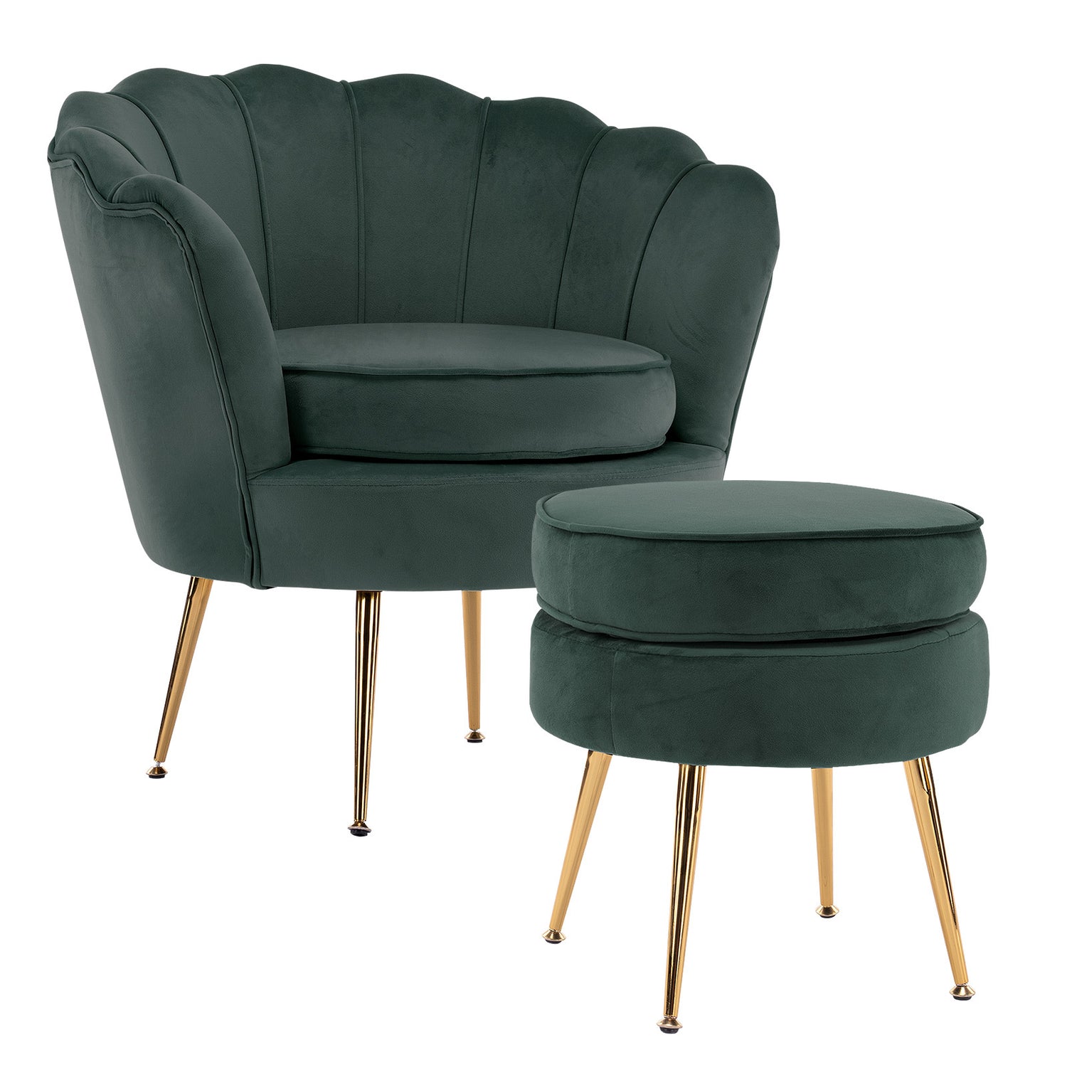 La Bella Shell Scallop Green Armchair Accent Chair Velvet + Round Ottoman Footstool-Armchairs-PEROZ Accessories