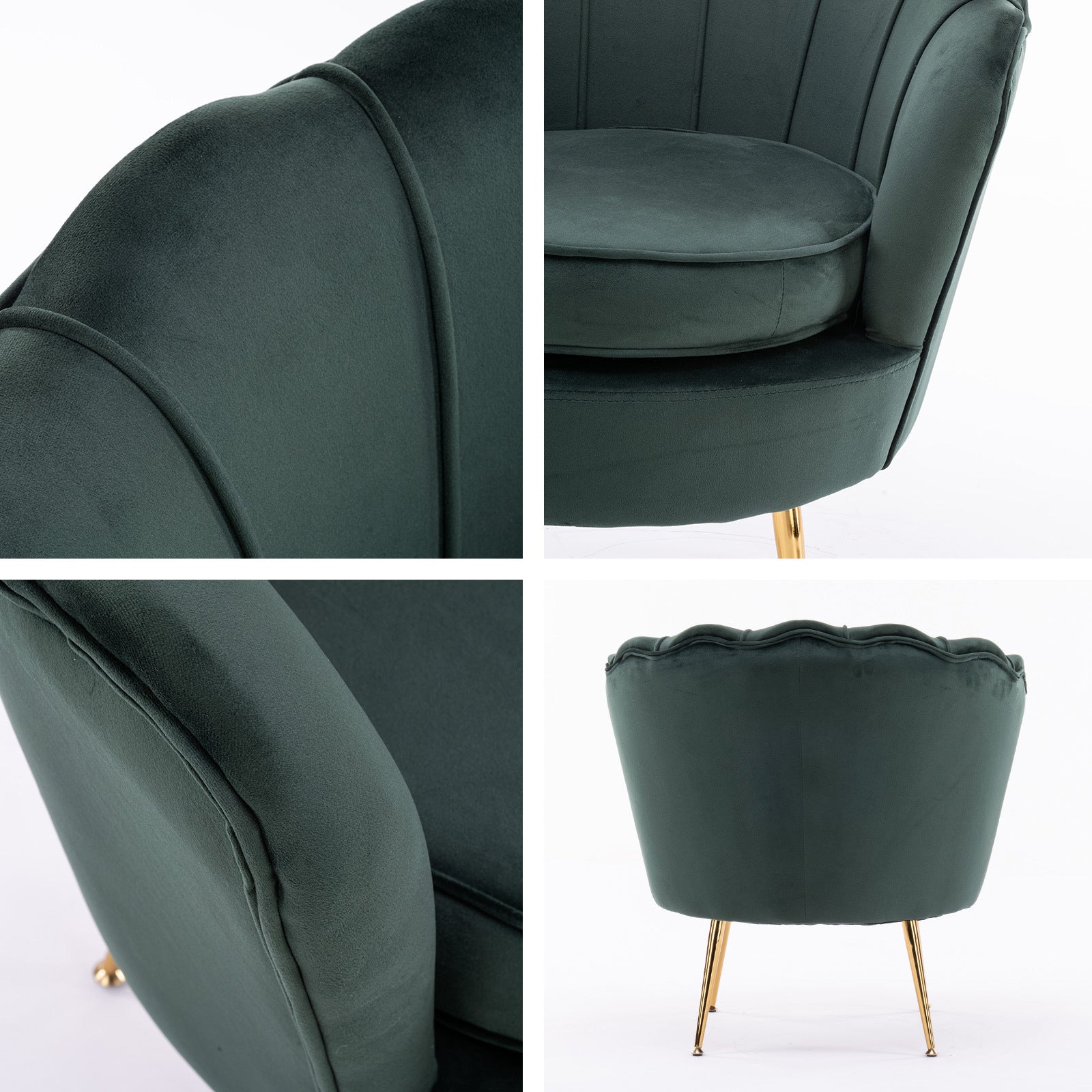 La Bella Shell Scallop Green Armchair Accent Chair Velvet + Round Ottoman Footstool-Armchairs-PEROZ Accessories