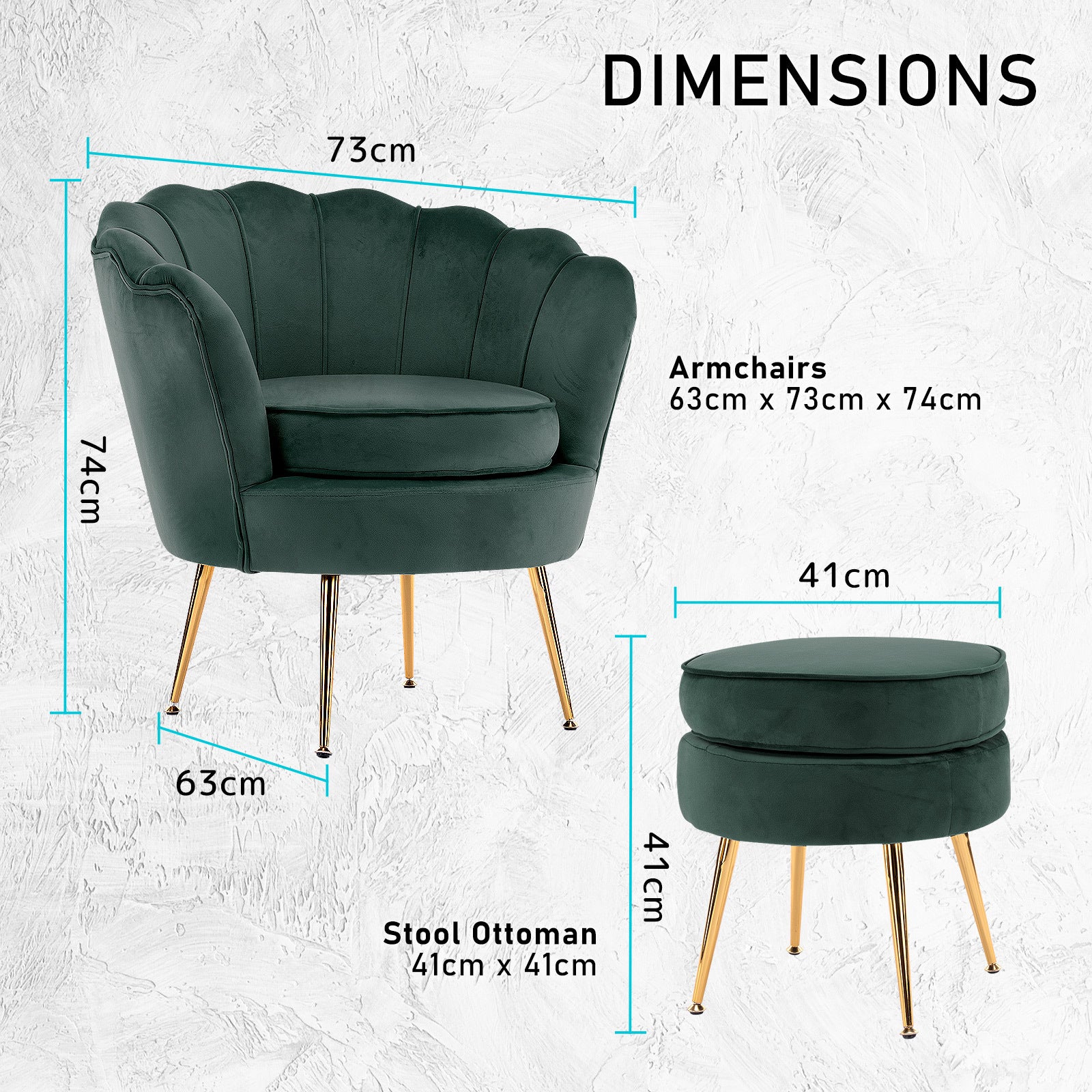 La Bella Shell Scallop Green Armchair Accent Chair Velvet + Round Ottoman Footstool-Armchairs-PEROZ Accessories