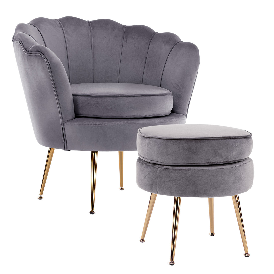 La Bella Shell Scallop Grey Armchair Accent Chair Velvet + Round Ottoman Footstool-Armchairs-PEROZ Accessories