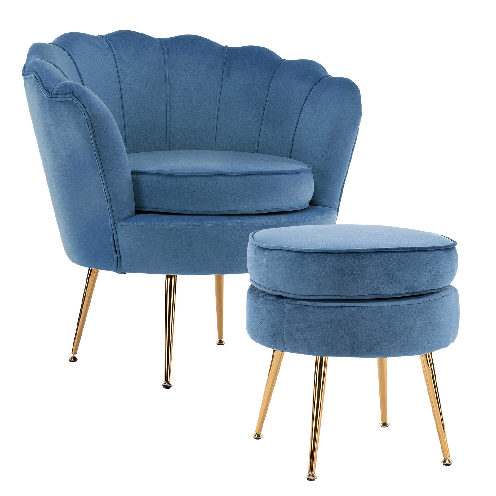 La Bella Shell Scallop Navy Blue Armchair Accent Chair Velvet + Round Ottoman Footstool-Armchairs-PEROZ Accessories