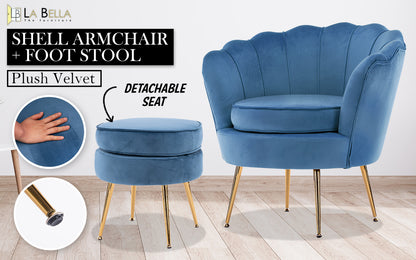 La Bella Shell Scallop Navy Blue Armchair Accent Chair Velvet + Round Ottoman Footstool-Armchairs-PEROZ Accessories