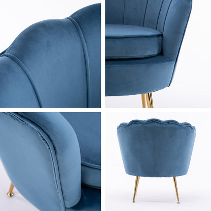 La Bella Shell Scallop Navy Blue Armchair Accent Chair Velvet + Round Ottoman Footstool-Armchairs-PEROZ Accessories