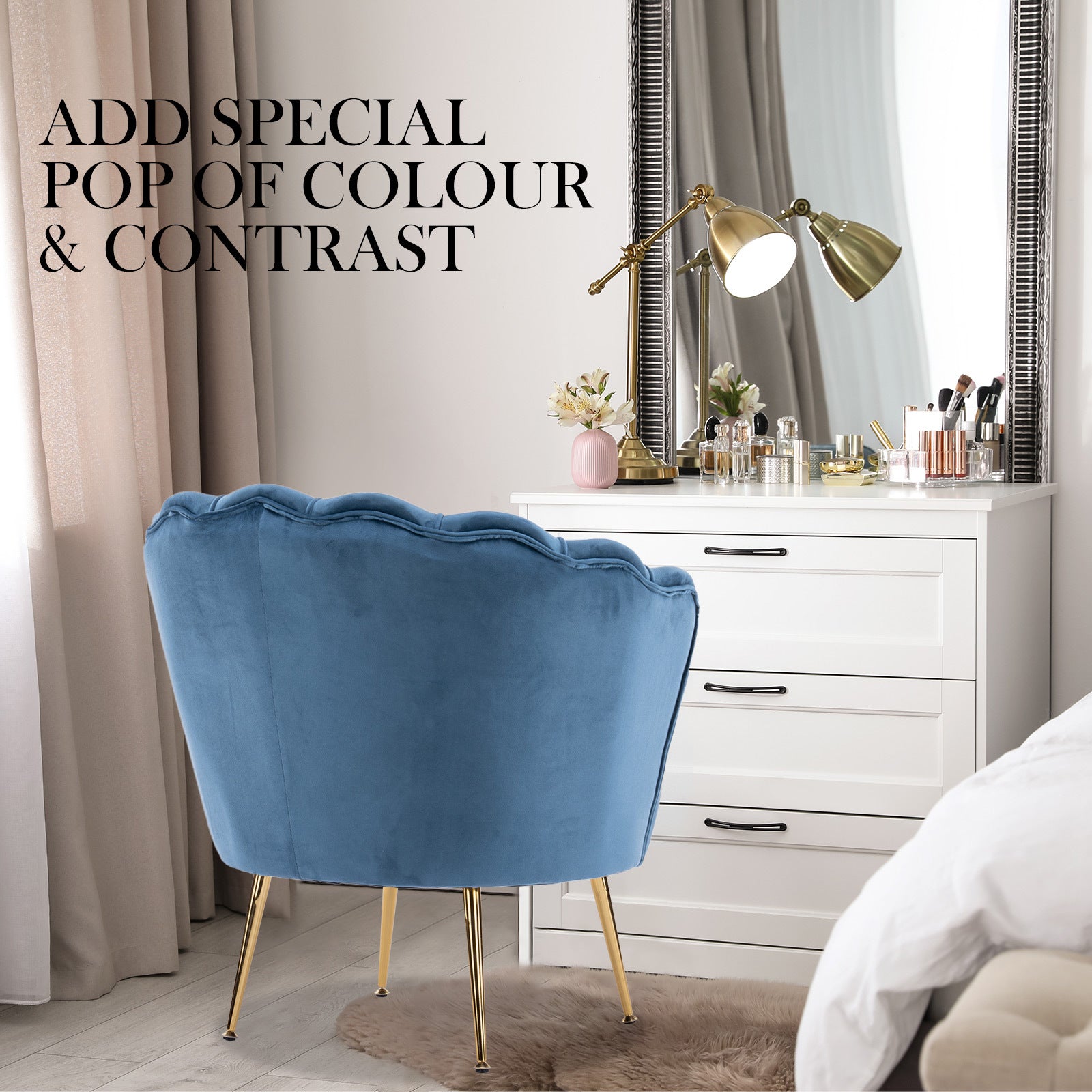 La Bella Shell Scallop Navy Blue Armchair Accent Chair Velvet + Round Ottoman Footstool-Armchairs-PEROZ Accessories
