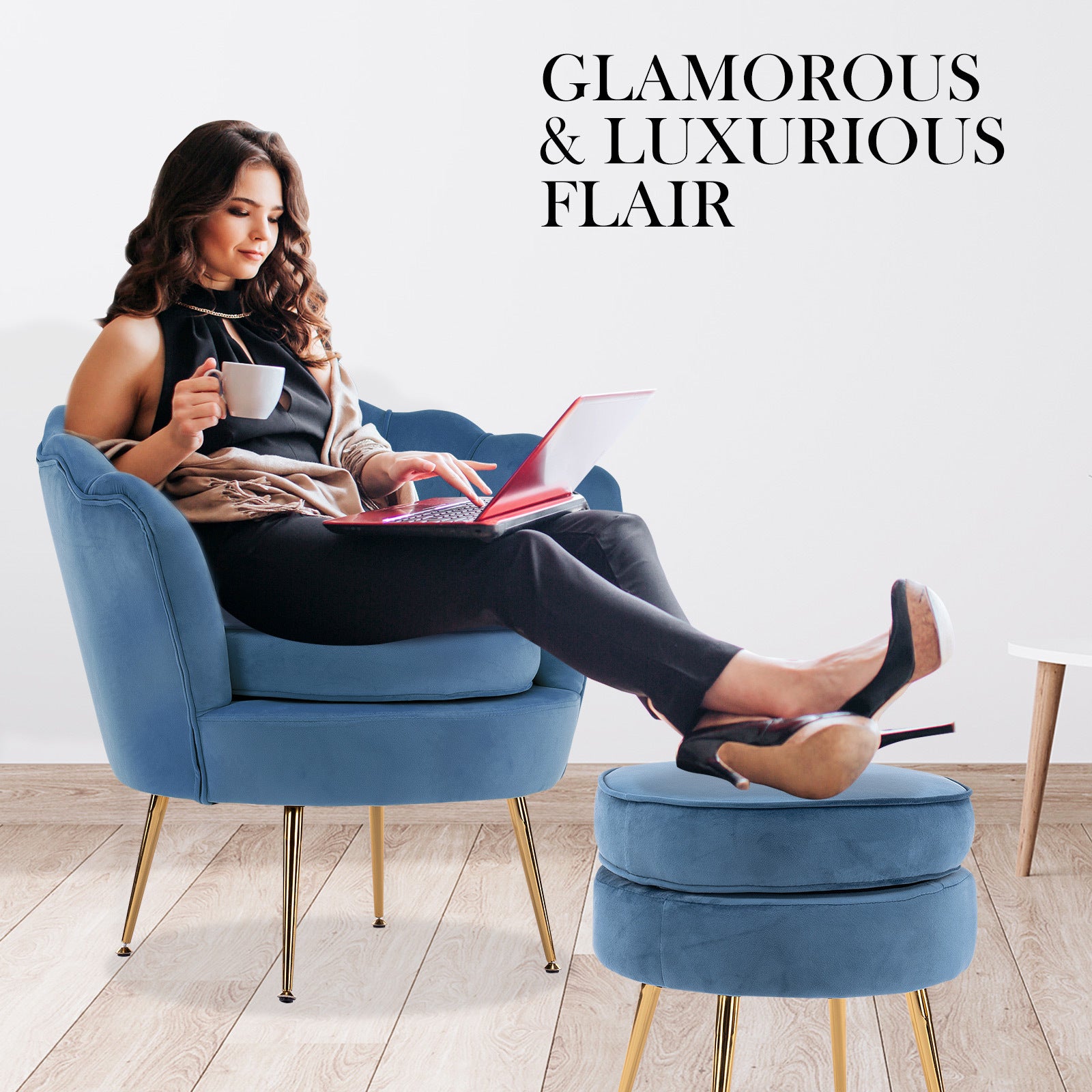 La Bella Shell Scallop Navy Blue Armchair Accent Chair Velvet + Round Ottoman Footstool-Armchairs-PEROZ Accessories