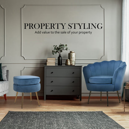 La Bella Shell Scallop Navy Blue Armchair Accent Chair Velvet + Round Ottoman Footstool-Armchairs-PEROZ Accessories