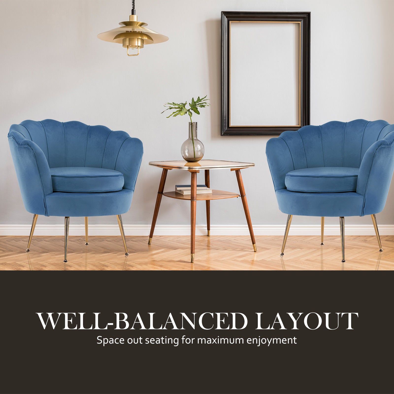 La Bella Shell Scallop Navy Blue Armchair Accent Chair Velvet + Round Ottoman Footstool-Armchairs-PEROZ Accessories