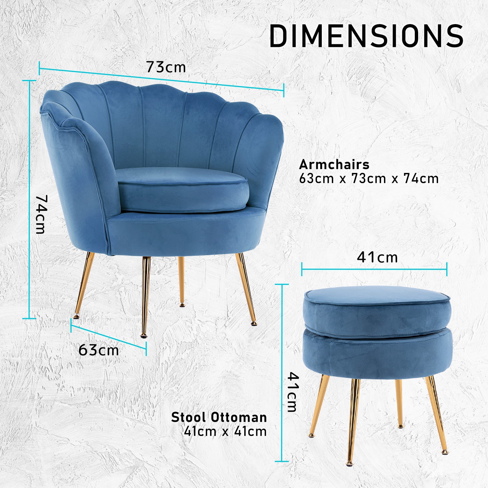 La Bella Shell Scallop Navy Blue Armchair Accent Chair Velvet + Round Ottoman Footstool-Armchairs-PEROZ Accessories