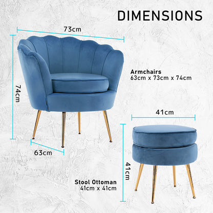 La Bella Shell Scallop Navy Blue Armchair Accent Chair Velvet + Round Ottoman Footstool-Armchairs-PEROZ Accessories