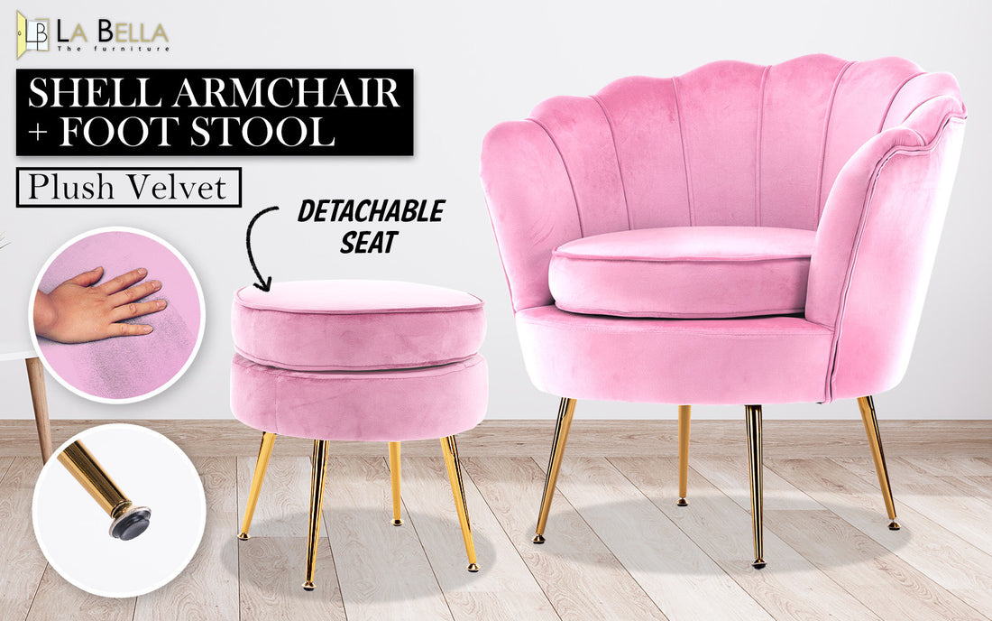 La Bella Shell Scallop Pink Armchair Accent Chair Velvet + Round Ottoman Footstool-Armchairs-PEROZ Accessories