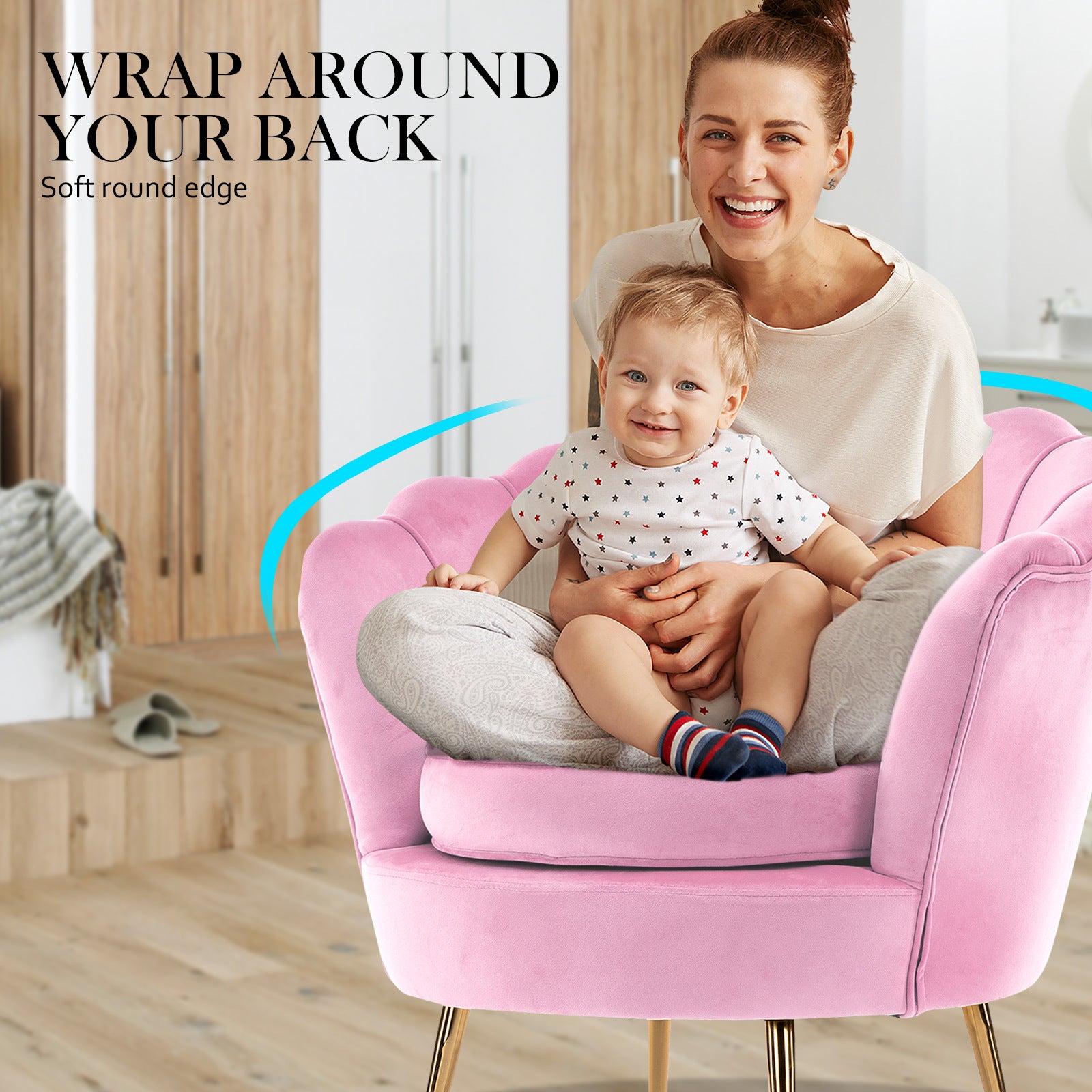 La Bella Shell Scallop Pink Armchair Accent Chair Velvet + Round Ottoman Footstool-Armchairs-PEROZ Accessories