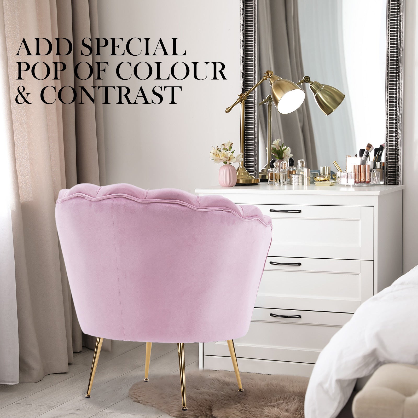 La Bella Shell Scallop Pink Armchair Accent Chair Velvet + Round Ottoman Footstool-Armchairs-PEROZ Accessories