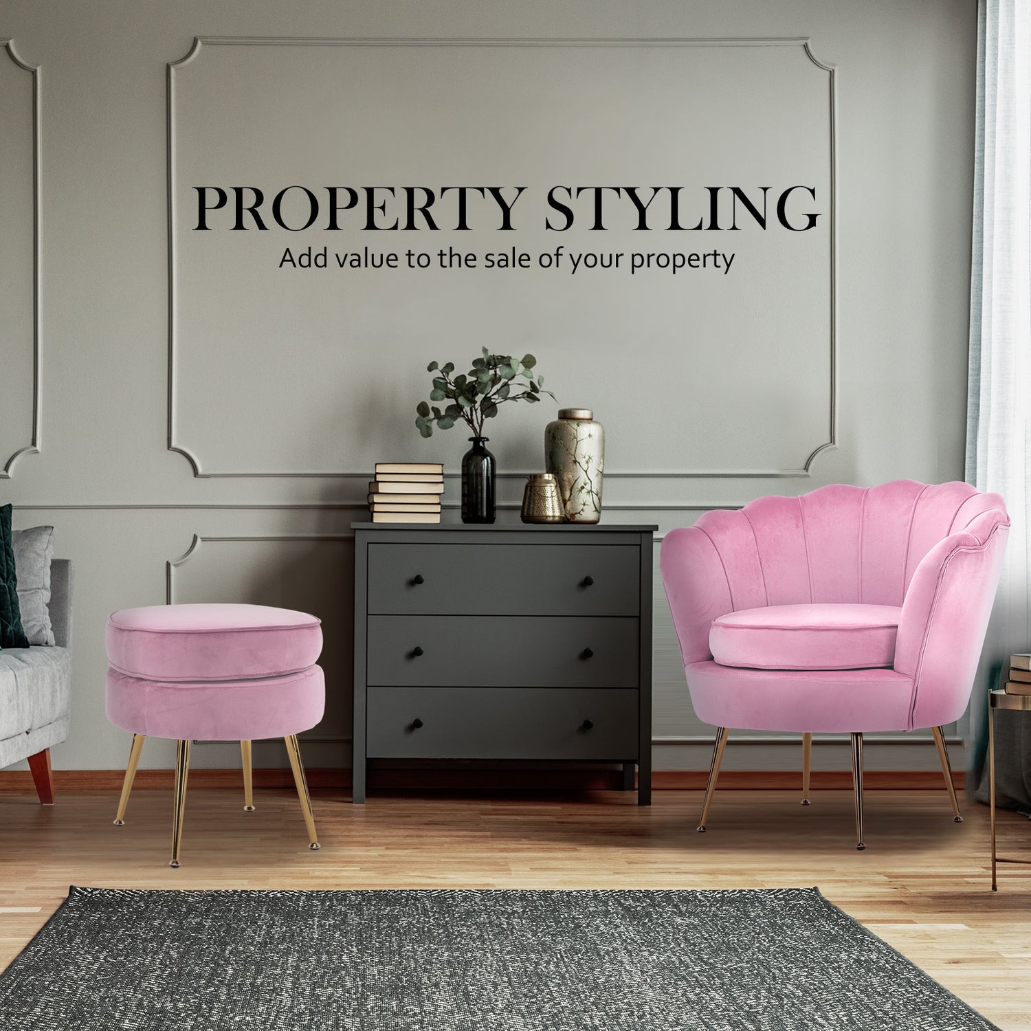 La Bella Shell Scallop Pink Armchair Accent Chair Velvet + Round Ottoman Footstool-Armchairs-PEROZ Accessories